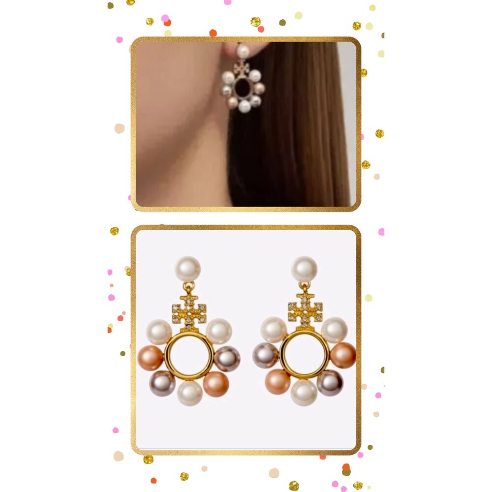 TORY BURCH Kira Pave Double T Logo Multi Faux Pearl Cluster Earrings